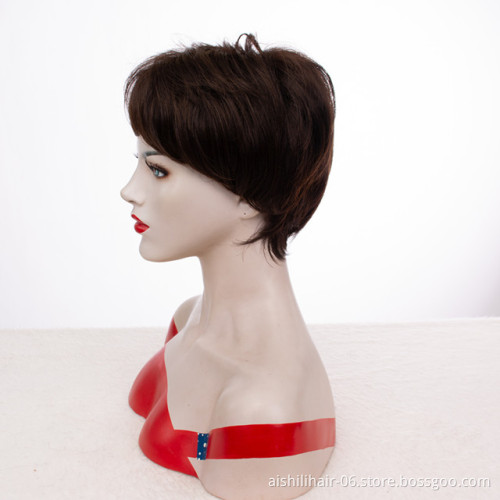 Wholesale heat resistant wig  stort dark brown fibre with natural bangs synthetic hair wig for women